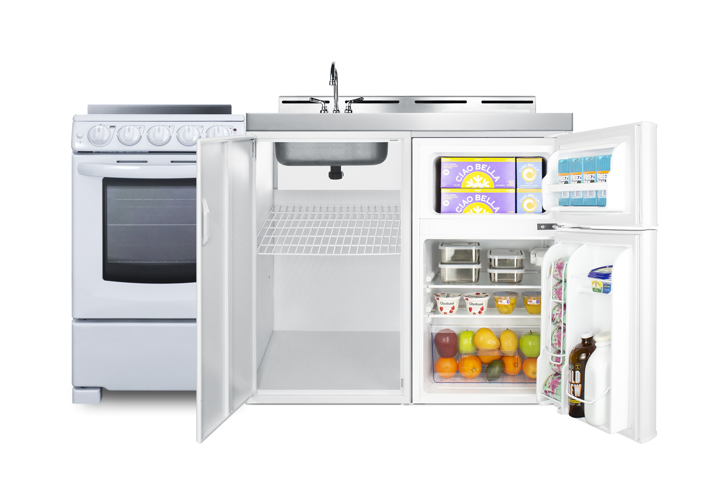 60 inch wide all-in-one kitchenette with 4-burner 220V smooth-top electric range, refrigerator-freezer sink, cutting board and cutlery storage, and a storage cabinet